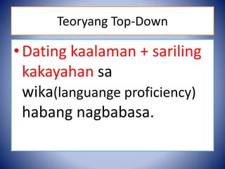 Teoryang Top-Down
•Dating kaalaman + sariling
kakayahan sa
wika(languange proficiency)
habang nagbabasa.
 