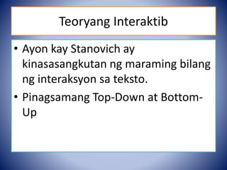 Teoryang Interaktib
• Ayon kay Stanovich ay
kinasasangkutan ng maraming bilang
ng interaksyon sa teksto.
• Pinagsamang Top-Down at Bottom-
Up
 