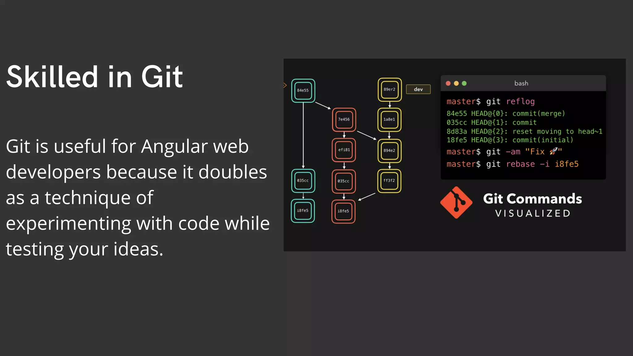Skilled in Git Git is useful for Angular web developers because it doubles as a technique of experimenting with code while testing your ideas. 
