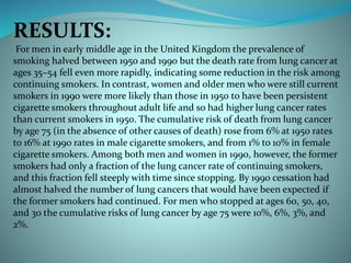 RESULTS:
For men in early middle age in the United Kingdom the prevalence of
smoking halved between 1950 and 1990 but the death rate from lung cancer at
ages 35–54 fell even more rapidly, indicating some reduction in the risk among
continuing smokers. In contrast, women and older men who were still current
smokers in 1990 were more likely than those in 1950 to have been persistent
cigarette smokers throughout adult life and so had higher lung cancer rates
than current smokers in 1950. The cumulative risk of death from lung cancer
by age 75 (in the absence of other causes of death) rose from 6% at 1950 rates
to 16% at 1990 rates in male cigarette smokers, and from 1% to 10% in female
cigarette smokers. Among both men and women in 1990, however, the former
smokers had only a fraction of the lung cancer rate of continuing smokers,
and this fraction fell steeply with time since stopping. By 1990 cessation had
almost halved the number of lung cancers that would have been expected if
the former smokers had continued. For men who stopped at ages 60, 50, 40,
and 30 the cumulative risks of lung cancer by age 75 were 10%, 6%, 3%, and
2%.
 
