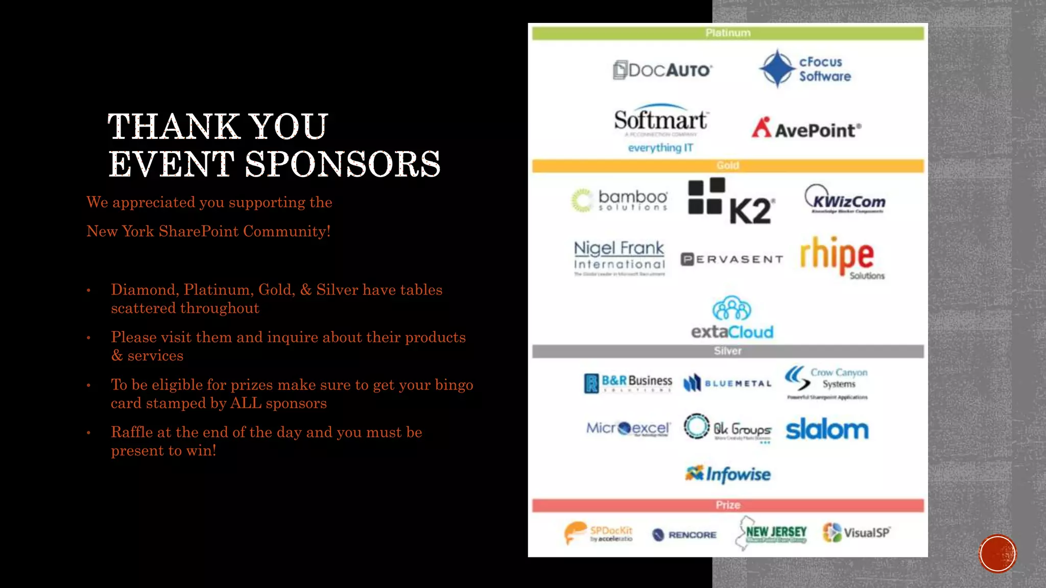 We appreciated you supporting the New York SharePoint Community! • Diamond, Platinum, Gold, & Silver have tables scattered throughout • Please visit them and inquire about their products & services • To be eligible for prizes make sure to get your bingo card stamped by ALL sponsors • Raffle at the end of the day and you must be present to win! 