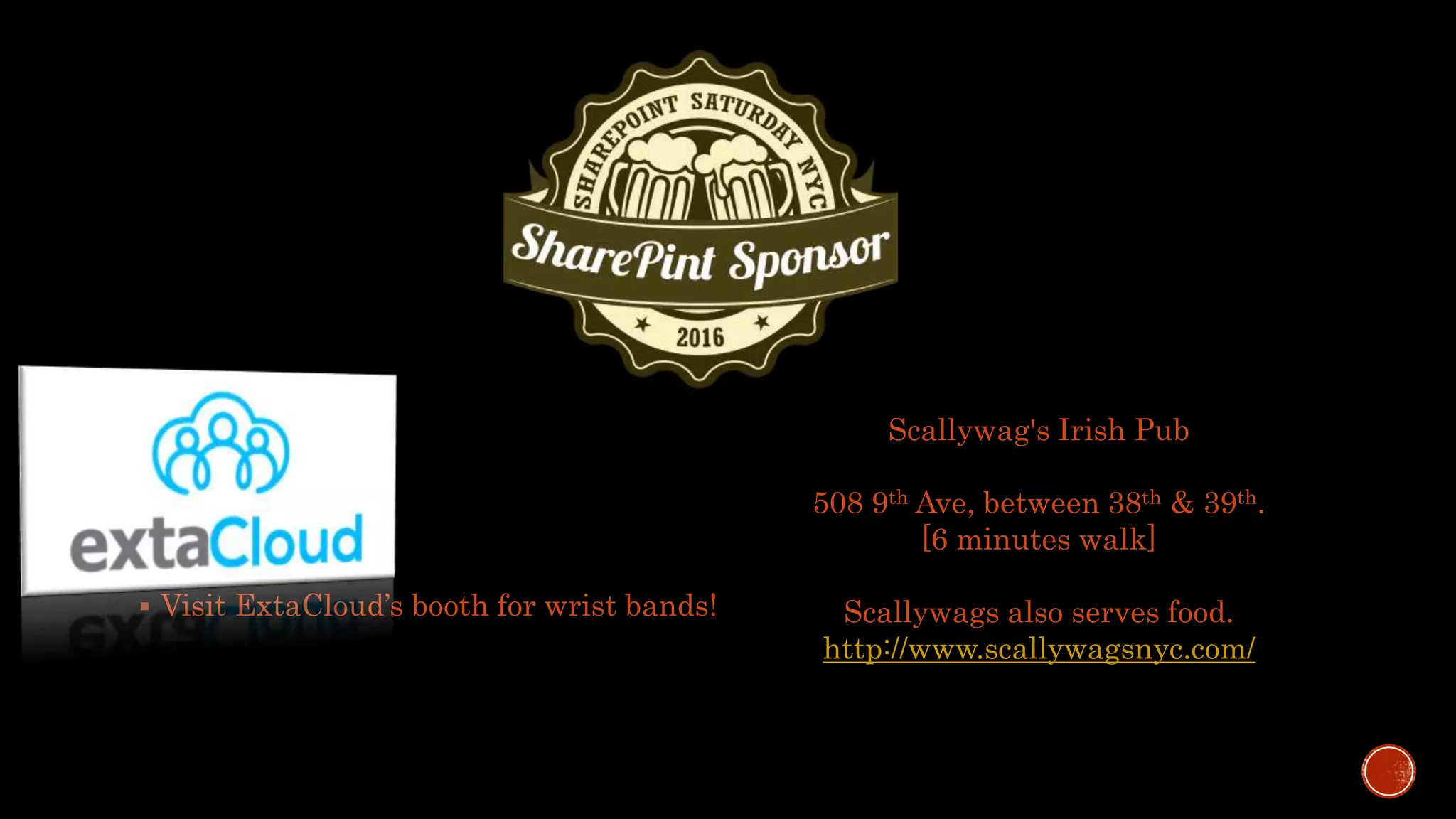  Visit ExtaCloud’s booth for wrist bands! Scallywag's Irish Pub 508 9th Ave, between 38th & 39th. [6 minutes walk] Scallywags also serves food. http://www.scallywagsnyc.com/ 
