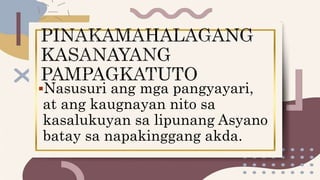 Nasusuri ang mga pangyayari,
at ang kaugnayan nito sa
kasalukuyan sa lipunang Asyano
batay sa napakinggang akda.
 