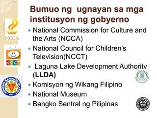 Bumuo ng  ugnayan sa mga institusyon ng gobyernoNational Commission for Culture and the Arts (NCCA)National Council for Children's Television(NCCT)Laguna Lake Development Authority (LLDA)KomisyonngWikangFilipinoNational MuseumBangkoSentralngPilipinas