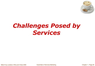Slide © by Lovelock, Wirtz and Chew 2009 Essentials of Services Marketing Chapter 1 - Page 28
Challenges Posed by
Services
 