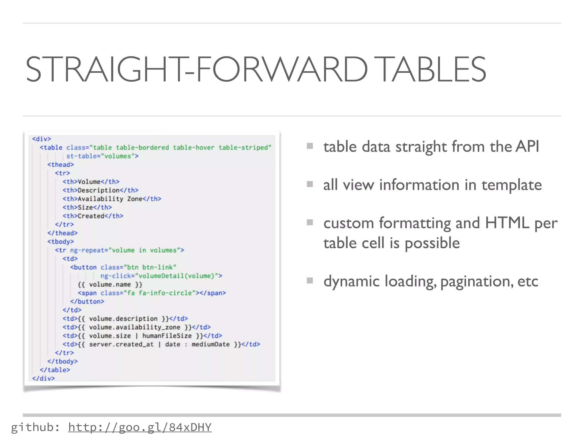 STRAIGHT-FORWARD TABLES 
github: http://goo.gl/84xDHY 
table data straight from the API 
all view information in template 
custom formatting and HTML per 
table cell is possible 
dynamic loading, pagination, etc 
