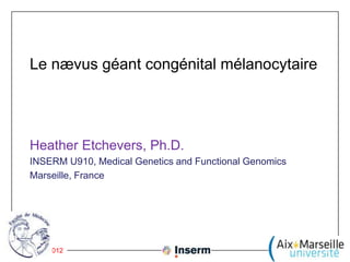Le nævus géant congénital mélanocytaire




     Heather Etchevers, Ph.D.
     INSERM U910, Medical Genetics and Functional Genomics
     Marseille, France




20 octobre 2012
 