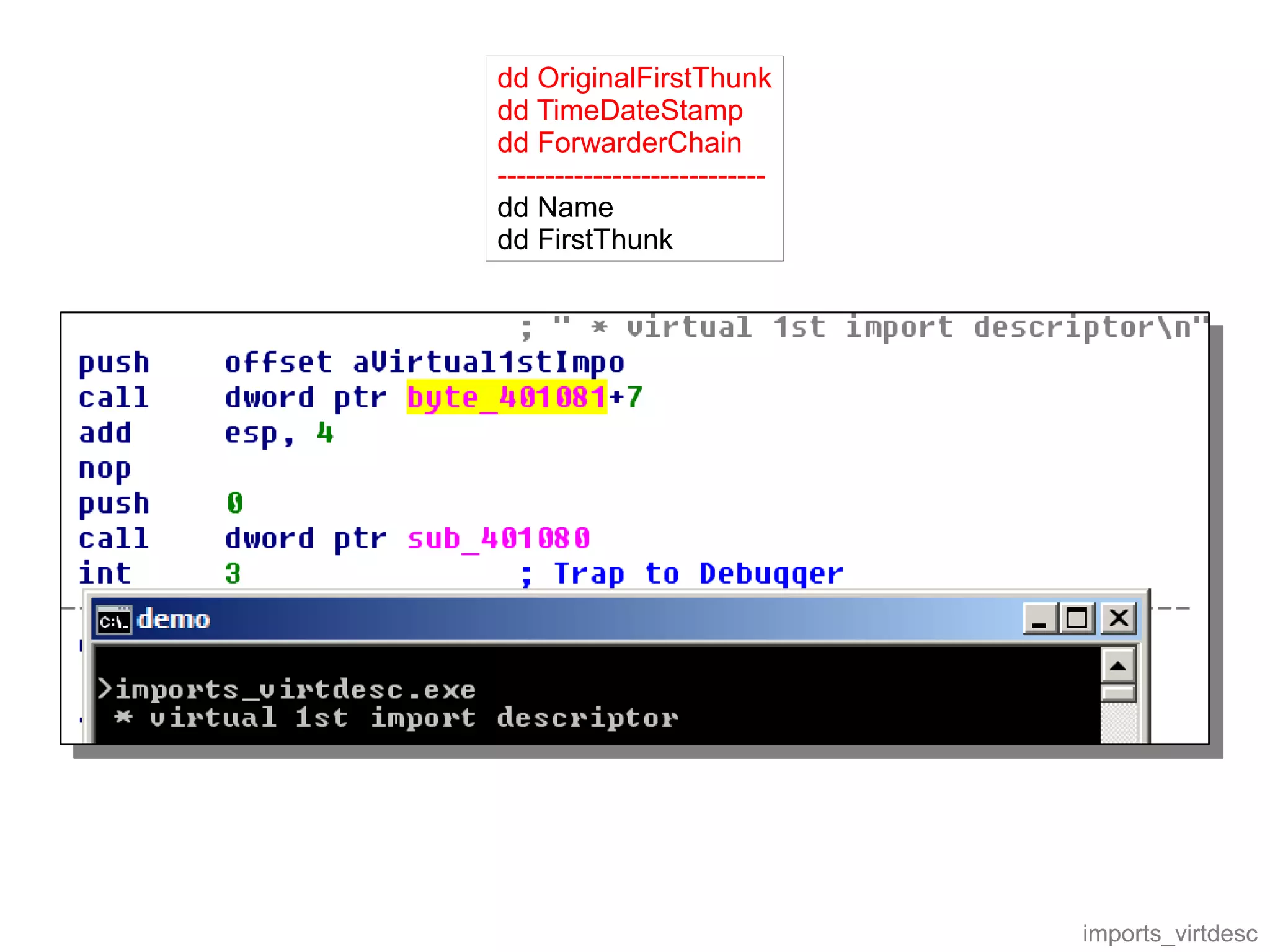 dd OriginalFirstThunk
dd TimeDateStamp
dd ForwarderChain
----------------------------
dd Name
dd FirstThunk




                               imports_virtdesc
 