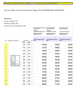 Die Firma „IDEAL“ ist so frei Ihnen unter dem Slogan „PVC TISCHLEREI IDEAL EUROPAWEIT“
FENSTER weib
Innen weib , auben Dekor +20%
Innen Dekor , auben Dekor +25%
Innen Dekor , auben Alu-Vorsatzschalen RAL +40%
Verglasung 4*16*LUWarg
Poz Description of position Dimensions PIECE
width height
1 160 * 210 1 705,00 564,00 504,00
2 190 * 210 1 737,00 590,00 523,00
3 210 * 210 1 750,00 600,00 534,00
4 240 * 210 1 792,00 633,00 554,00
5 270 * 210 1 825,00 660,00 574,00
6 300 * 210 1 855,00 683,00 591,00
7 320 * 210 1 875,00 699,00 602,00
8 160 * 220 1 715,00 572,00 509,00
9 190 * 220 1 750,00 599,00 529,00
10 210 * 220 1 770,00 615,00 540,00
11 240 * 220 1 804,00 643,00 562,00
12 270 * 220 1 840,00 671,00 582,00
13 300 * 220 1 870,00 695,00 599,00
14 320 * 220 1 890,00 711,00 610,00
Tel/fax: 032 556 927 GSM: 063 899 289 (direktor) 063 899 288 (komercijala) www.idealpvc.ba RAČUN BROJ 1610650000330021
IDEAL 8000 energeto ALUPLAST
Soft-line k=0,79
IDEAL 8000 ALUPLAST
Classic-line Soft-line
IDEAL 4000 ALUPLAST
Classic-line Soft-line
Verglasung
LUWarg*16*4*16*LUWarg k=0,5
Verglasung
LUWarg*12*4*12*LUWarg
Beschlag und Luftungst
SIEGENIA-AUBI KG
Beschlag und Luftungst
SIEGENIA-AUBI KG
Beschlag und Luftungst
SIEGENIA-AUBI KG
FCO factories without
VAT
FCO factories without
VAT
FCO factories without
VAT
 
