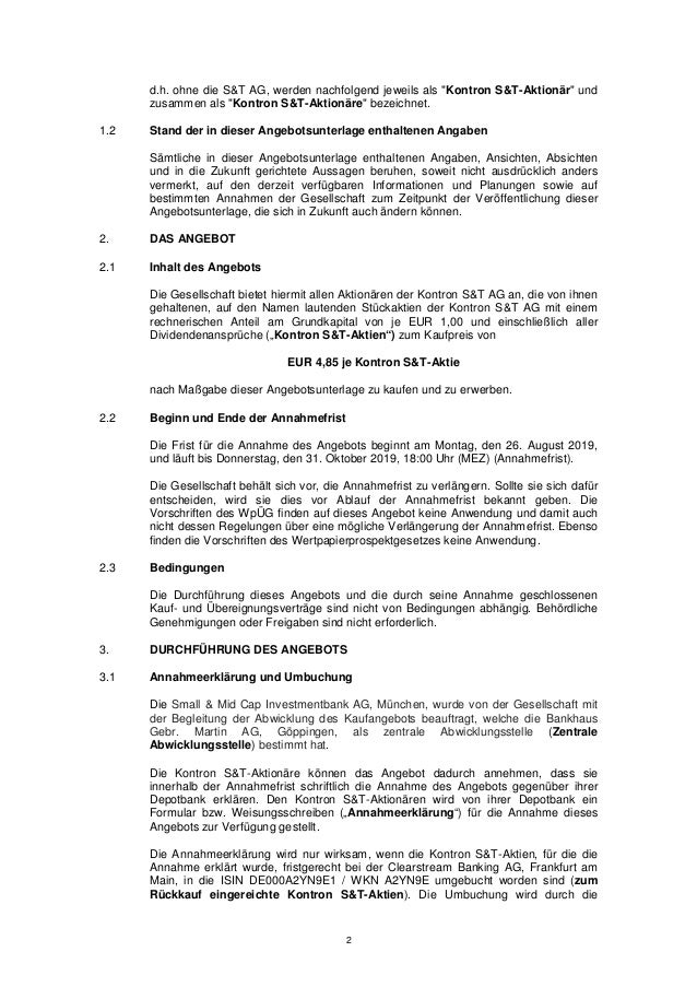Angebotsunterlage Fur Aktien Der Kontron S T Ag