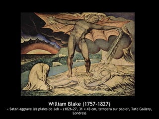 William Blake (1757-1827)
« Satan aggrave les plaies de Job » (1826-27, 31 × 43 cm, tempera sur papier, Tate Gallery,
Londres)
 
