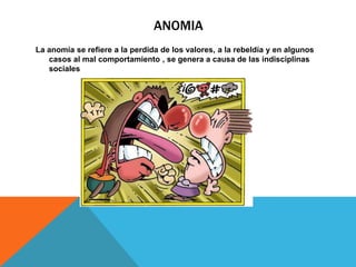 ANOMIA
La anomia se refiere a la perdida de los valores, a la rebeldía y en algunos
   casos al mal comportamiento , se genera a causa de las indisciplinas
   sociales
 