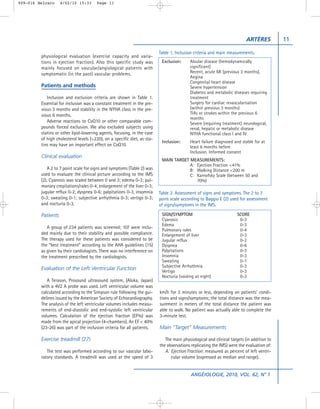 009-016 Belcaro     4/02/10 15:33      Page 11




                                                                                                                          ARTÈRES          11

                                                                          Table 1. Inclusion criteria and main measurements.
         physiological evaluation (exercise capacity and varia-
         tions in ejection fraction). Also this specific study was         Exclusion:     Alvular disease (hemodynamically
         mainly focused on vascular/angiological patients with                            significant)
         symptomatic (in the past) vascular problems.                                     Recent, acute MI (previous 3 months),
                                                                                          Angina
                                                                                          Congenital heart disease
         Patients and methods                                                             Severe hypertension
                                                                                          Diabetes and metabolic diseases requiring
            Inclusion and exclusion criteria are shown in Table 1.                        treatment
         Essential for inclusion was a constant treatment in the pre-                     Surgery for cardiac revascularisation
         vious 3 months and stability in the NYHA class in the pre-                       (within previous 3 months)
         vious 6 months.                                                                  TIAs or strokes within the previous 6
                                                                                          months
            Adverse reactions to CoQ10 or other comparable com-                           Severe (requiring treatment) neurological,
         pounds forced exclusion. We also excluded subjects using                         renal, hepatic or metabolic disease
         statins or other lipid-lowering agents, focusing, in the case                    NYHA functional class I and IV
         of high cholesterol levels (>220), on a specific diet, as sta-
                                                                           Inclusion:     Heart failure diagnosed and stable for at
         tins may have an important effect on CoQ10.                                      least 6 months before
                                                                                          Inclusion. Informed consent
         Clinical evaluation
                                                                           MAIN TARGET MEASUREMENTS:
                                                                                       A: Ejection Fraction <41%
             A 2 to 7 point scale for signs and symptoms (Table 2) was                 B: Walking Distance <200 m
         used to evaluate the clinical picture according to the IMS                    C: Karnofsky Scale (between 50 and
         (2). Cyanosis was scaled between 0 and 3; edema 0-3; pul-                        70%)
         monary crepitations/rales 0-4; enlargement of the liver 0-3;
         jugular reflux 0-2; dyspnea 0-6; palpitations 0-3, insomnia      Table 2. Assessment of signs and symptoms. The 2 to 7
         0-3; sweating 0-1; subjective arrhythmia 0-3; vertigo 0-3;       point scale according to Baggio E (2) used for assessment
         and nocturia 0-3.                                                of signs/symptoms in the IMS.

         Patients                                                          SIGN/SYMPTOM                              SCORE
                                                                           Cyanosis                                   0-3
                                                                           Edema                                      0-3
            A group of 234 patients was screened; 107 were inclu-
                                                                           Pulmonary rales                            0-4
         ded mainly due to their stability and possible compliance.        Enlargement of liver                       0-3
         The therapy used for these patients was considered to be          Jugular reflux                             0-2
         the “best treatment” according to the AHA guidelines (15)         Dyspnea                                    0-6
         as given by their cardiologists. There was no interference on     Palpitations                               0-3
         the treatment prescribed by the cardiologists.                    Insomnia                                   0-3
                                                                           Sweating                                   0-1
                                                                           Subjective Arrhythmia                      0-3
         Evaluation of the Left Ventricular Function                       Vertigo                                    0-3
                                                                           Nocturia (voiding at night)                0-3
            A Terason, Prosound ultrasound system, (Aloka, Japan)
         with a 4V2 A probe was used. Left ventricular volume was
         calculated according to the Simpson rule following the gui-      km/h for 3 minutes or less, depending on patients’ condi-
         delines issued by the American Society of Echocardiography.      tions and signs/symptoms; the total distance was the mea-
         The analysis of the left ventricular volumes includes measu-     surement in meters of the total distance the patient was
         rements of end-diastolic and end-systolic left ventricular       able to walk. No patient was actually able to complete the
         volumes. Calculation of the ejection fraction (EF%) was          3-minute test.
         made from the apical projection (4-chambers). An EF < 40%
         (23-26) was part of the inclusion criteria for all patients.     Main “Target” Measurements

         Exercise treadmill (27)                                             The main physiological and clinical targets (in addition to
                                                                          the observations replicating the IMS) were the evaluation of:
            The test was performed according to our vascular labo-           A. Ejection Fraction: measured as percent of left ventri-
         ratory standards. A treadmill was used at the speed of 3               cular volume (expressed as median and range).


                                                                                           ANGÉIOLOGIE, 2010, VOL. 62, N° 1
 