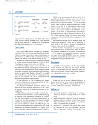 009-016 Belcaro   4/02/10 15:33       Page 14




     14     ARTÈRES

            Table 7: Main target measurements                                    CoQ10 in the myocardium of patients with HF is
                                           INCLUSION        12 WEEKS
                                                                             generally low (3). The association between low levels of
                                                                             CoQ10 and lowered survival rates has promoted a num-
             A: EJECTION FRACTION             24.7%           29.2%          ber of trials to study CoQ10 in HF (12, 31-34). With these
                (%)                       (range 17-40)      (18-44)*        studies it was possible to show improvements in clinical
             B: WALKING DISTANCE                                             parameters as well as in physiological measurements
                (m)                            105              153          such as stroke volume, ejection fraction, and cardiac
             C: KARNOFSKY SCALE                                              output after supplementation with CoQ10 for various
                (%)                        57.7(40-69)     63.2 (49-74)*     periods (31-35). With an improvement in technology, a
                                                                             better evaluation of the left ventricular function in HF
             * p<0.05
                                                                             (36-37) will probably allow a more precise quantitative
                                                                             measurement of ventricular function in association with
            improvement in walking distance was 45.7% of the initial         treatment.
            value (p<0.05), and the Karnofsky scale value improved               The connection between CoQ10 decreased levels and
            from an initial median of 57.7(range 40-69) to 63.2 (range       “statin-related myopathy,” which may be associated to
            49-74) (p<0.05; equivalent to a 5,5% increase).                  some kinds of HF, needs a different investigational
                                                                             approach and a much larger study (38).
            Conclusions                                                          The role of statins in accelerating or even causing HF is
                                                                             often controversial and still in evaluation. It may be particu-
               In this study blood pressure and heart rate decreased,        larly important considering the diffusion of statin treatment.
            confirming results from previous studies (28). An important          At the moment, an international multicenter, randomi-
            reduction in peripheral vascular resistance is possibly due to   zed, double-blind trial (Q-SYMBIO) is focusing on signs and
            the inhibition by CoQ10 of the sympathetic overactivity          symptoms, bloodmarkers (B-type natriuretic peptide) and
            present early in heart failure in most patients (29,30).         long-term outcomes (35) in HF patients.
               These results suggest that CoQ10 supplements improve
            HF in most patients in classes II and III. Patients in NYHA      Conclusion
            class II appear to show better results with CoQ10.
               The improvement was present in more than 85% of all               Low CoQ10 may be associated with HF or aggravate the
            included patients. CoQ10 showed a good tolerability and no       clinical situation. Low levels may also increase mortality
            side effects were recorded. Results in our population sample     rates in HF. According to this open preliminary study, sup-
            are broadly comparable to the observations from the Italian      plementation improves clinical and physiological parame-
            Multicenter Study lead by Baggio, including 173 centers (2).     ters and, possibly, outcome and mortality.
            Also, results from this study repeat the results obtained by
            Judy (11) and Langsjoen (14) and are comparable to the           Acknowledgements
            results recently obtained by Molyneux (3).
               The bad tolerability of CoQ10 supplements is usually             We are very grateful to Prof. A Barsotti (University of
            transient or marginal and can be controlled either by redu-      Genoa) former director of the school of Cardiology Chieti-
            cing dosage or suspending treatment.                             Pescara University, and Prof. F Caciagli, Dept. Biomedical
               The observed independent association between low              Sciences, G D’Annunzio University), Deutsche Bank.
            levels of CoQ10 and increased mortality due to HF is grea-
            ter than the strength of the association observed for NT-        References
            proBNP (3).
               CoQ10 deficiency is observed in HF. This metabolic situa-     1. Wexler LF. Metabolic considerations in excitation-
            tion compromises mitochondrial functions (10) constituting          contraction-relaxation coupling. Heart failure 1990;3:
            an important cause of worsening outcome in HF. It is pos-           251-4.
            sible that different levels of HF may respond differently to     2. Baggio E, Gandini R, Placher AC, Passeri M, Garmosino
            variations (in case of deficiency and after supplementation)        G. Italian multicenter study on the safety and efficacy
            in CoQ10. Dosages, time of duration of treatment for diffe-         of Coenzyme Q10 as adjunctive therapy in heart failure.
            rent types of patients or patients with different ages, and         Molec Aspects Med 1994;15:287-94.
            interaction or interferences with other products used in the     3. Molyneux SL, Florkowski CM, George PM, Pilbrow
            management of cardiovascular patients (i.e. statins) of HF          AP, Frampton CM, Lever M, Richards AM. Coenzyme
            patients should be evaluated in larger, prospective studies.        Q10: an independent predictor of mortality in chro-


            ANGÉIOLOGIE, 2010, VOL. 62, N° 1
 