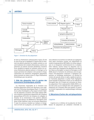 017-025 Armero   4/02/10 15:35         Page 18




     18     ARTÈRES

                                                                                                           ADP




            Figure 1 : Formation du clou plaquettaire

            de stent ou d’événements cardiovasculaires majeurs. Du fait         intra-cellulaire et la sécrétion de molécules pro-agrégantes.
            du role clé joué par le clopidogrel et l’aspirine dans le traite-   Cette phase d’activation entraîne une augmentation du
            ment des patients présentant une maladie coronaire ou une           nombre de glycoprotéines (GP) IIb/IIIa à la surface plaquet-
            autre localisation de la maladie athéromateuse, comme ceux          taire et un changement conformationnel de ce complexe.
            présentant une atteinte vasculaire périphérique, l’existence        Cette molécule, inactive lorsque les plaquettes sont au
            d’une variabilité de réponse au traitement associé à la sur-        repos, permet alors l’agrégation des plaquettes entre elles et
            venue d’événements adverses aménent à s’interroger sur les          leur liaison au fibrinogène. La liaison du fibrinogène à la GP
            moyens permettant de la dépister et de la prendre en charge.        IIb/IIIa aboutit à l’activation de nombreuses voies de signa-
            L’optimisation des traitements antiagrégants plaquettaires          lisation intra-plaquettaire conduisant à l’agrégation pla-
            devant permettre de réduire encore le risque d’événements           quettaire, au remodelage membranaire, à la sécrétion du
            thrombotiques pour nos patients.                                    contenu des granules denses et alpha, capables de pérenni-
                                                                                ser l’activation plaquettaire. La phase finale d’agrégation
            1. Rôle des plaquettes dans la genèse des                           durant laquelle les plaquettes se fixent sur les molécules de
            événements thrombotiques artériels                                  fibrinogène libre, est à l’origine de la formation du throm-
                                                                                bus plaquettaire. C’est la glycoprotéine IIb/IIIa (CD41), ren-
                Les mécanismes responsables de la formation d’un                due alors active, qui est impliquée dans cette agrégation. La
            thrombus plaquettaire artériel sont identiques à ceux impli-        progression de ce thrombus blanc peut générer un proces-
            qués dans l’hémostase physiologique (figure 1). L’exposition        sus occlusif responsable de la symptomatologie ischémique
            d’une surface thrombogène au flux sanguin entraîne l’adhé-          artérielle.
            sion des plaquettes circulantes. Cette étape implique diffé-
            rents récepteurs membranaires plaquettaires (les complexes          2. Mécanisme d’action des anti-plaquettaires
            glycoprotéiques GP Ib-IX-V, les récepteurs du collagène, le
            récepteur de la vitronectine) et des protéines adhésives
            plasmatiques (facteur von Willebrand et fibrinogène). Cette         L’aspirine
            phase initiale d’adhésion induit une activation plaquettaire.
            Il s’agit d’un processus complexe qui implique un change-             L’aspirine est un inhibiteur de la production de throm-
            ment de forme de la plaquette, une diminution de l’AMPc             boxane A2 plaquettaire par acétylation irréversible du


            ANGÉIOLOGIE, 2010, VOL. 62, N° 1
 