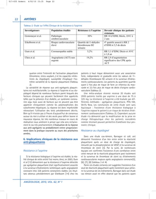 017-025 Armero   4/02/10 15:35         Page 22




     22     ARTÈRES

            Tableau 2: Etude sur l’effet Clinique de la résistance à l’aspirine




                   quation entre l’intensité de l’activation plaquettaire       patients à haut risque démontrent aussi une association
                   (thrombine, stress oxydant...) et les capacités inhibi-      forte, indépendante et graduelle entre les valeurs de 11-
                   trices du clopidogrel, susceptible d’expliquer l’ex-         dehydro thromboxane B2 urinaire et la survenue d’évène-
                   trême variabilité de la réponse plaquettaire (Tableau        ments cardiovasculaires. Les patients du quatrième quartile
                   2).                                                          ayant 2 fois plus de risque de faire un infarctus du myo-
                La variabilité de réponse aux anti-agrégants plaquet-           carde et 3,5 fois plus de risque de décès d’origine cardio-
            taires est multifactorielle. La réponse à l’aspirine et au clo-     vasculaire (tableau 2).
            pidogrel dépend de nombreux facteurs parmi lesquels des                Une méta-analyse récente recense 20 études soit
            facteurs cliniques qui peuvent facilement être appréciés            2930 patients traités par aspirine à une dose de 75 à
            telles que la présence d’un diabète, un syndrome corona-            325 mg. La résistance à l’aspirine a été évaluée par dif-
            rien aigu mais aussi de facteurs qui ne peuvent pas être            férentes méthodes : agrégation plaquettaire, PFA-100,
            apprécier cliniquement comme les polymorphismes des                 Verify Now. Les conclusions de cette étude sont sans
            cytochromes hépatiques. La réponse est donc imprévisible            équivoque : l’existence d’une résistance biologique à
            nécessitant l’utilisation des tests précédemment décrits.           l’aspirine expose le patient à un risque de récidive d’évè-
            Bien qu’il n’existe pas à l’heure d’aujourd’hui de consensus        nement cardiovasculaire (Tableau 2). Cependant aucune
            autour du test à utiliser et des seuils pour définir bonne et       étude n’a démontré que la modification de la prise en
            mauvaise réponse, les très nombreux travaux en cours de             charge thérapeutique chez les patients considérés
            réalisation nous amènent à penser que cela sera certaine-           comme résistant pouvait permettre d’améliorer leur pro-
            ment le cas très prochainement. L’évaluation de la réponse          nostic clinique.
            aux anti-agrégants va probablement entrer progressive-
            ment dans la pratique courante au cours des prochaines              Résistance au clopidogrel
            années.
                                                                                   Dans une étude cas-témoin, Barragan et coll. ont
            6. Implications cliniques de la résistance aux                      démontré l’existence d’un lien entre entre la réactivité
            anti-plaquettaires                                                  plaquettaire après un dose de charge de clopidogrel,
                                                                                mesurée par la phosphorylation de VASP, et la survenue de
                                                                                thrombose de stent [3]. Par la suite, de nombreuses
            Résistance à l’aspirine                                             équipes ont confirmés l’existence d’une corrélation entre
                                                                                cette mesure de la réactivité plaquettaire post traitement
                Si la résistance biologique à l’aspirine est établie, la réa-   et la survenue de thrombose de stent ou d’événements
            lité clinique de cette entité l’est moins. Ainsi, en 2003, Gum      cardiovasculaires majeurs après angioplastie coronaire[5],
            et al [13] démontrent que la résistance à l’aspirine détectée       [6], [7], [8] (tableau 3 et 4).
            par agrégation plaquettaire était significativement associée           Parmi ces études certaines ont suggérées l’existence d’un
            à la survenue d’évènements ischémiques après angioplastie           seuil de réactivité plaquettaire après traitement pour préve-
            coronaire chez 326 patients coronariens stables. Les résul-         nir la survenue de ces événements. Barragan dans son étude
            tats obtenus précédemment par Eikelboom [14] chez les               cas témoin avait en effet observé que les patients ayant


            ANGÉIOLOGIE, 2010, VOL. 62, N° 1
 