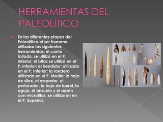 HERRAMIENTAS DEL PALEOLÍTICOEn las diferentes etapas del Paleolítico el ser humano utilizaba las siguientes herramientas: el canto tallado, se utilizó en el P. Inferior; el bifaz se utilizó en el P. Inferior; el hendidor; utilizado en el P. Inferior; la raedera utilizada en el P. Medio; la hoja de silex, el raspador, el perforador, la hoja de laurel, la aguja, el anzuelo y el arpón con microlitos, se utilizaron en el P. Superior.
