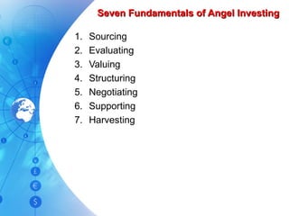 Seven Fundamentals of Angel Investing Sourcing Evaluating Valuing Structuring Negotiating Supporting Harvesting 