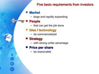 Five  b asic  r equirements  from inve stors Market large and rapidly expanding  People that can get the job done Idea   /   technology be commercialized Strategy   with strong unfair advantage Price per share   be reasonable 