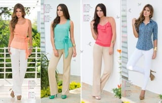Ref. 12026
Blusa en chiffon
incluye cinturón
con prendedor flor
Color. Verde
Tallas. S, M, L
$ 42.999
Ref. 52011
Pantalón en lino
Color. Beige
Tallas. 8 al 14
$ 63.900

Ref. 12025
Blusa en chiffon
incluye cinturón
con prendedor flor
Color. Naranja
Tallas. S, M, L
$ 42.999
Ref. 52001
Pantalón en lino
Color. Blanco
Tallas. 8 al 14
$ 63.900
34

Ref. 12028
Blusa en chiffon
con tiras en cadena
Color. Coral
Tallas. S, M, L
$ 46.500
Ref. 52011
Pantalón en lino
Color: Beige
Talla: 8 al 14
$ 63.900

Ref. 12027
Blusa en viscosa
Color. Único
Tallas. S, M, L, XL
$ 49.999
Ref. 52009
Pantalón Stretch
Color: Blanco
Talla: 8 al 14
$ 54.999

35

 