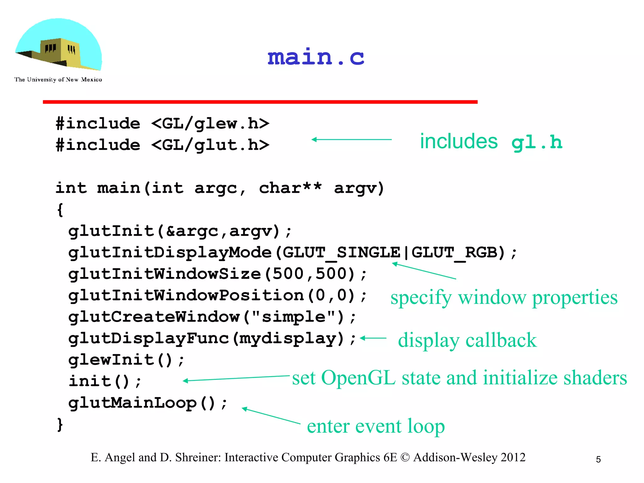 5E. Angel and D. Shreiner: Interactive Computer Graphics 6E © Addison-Wesley 2012
main.c
#include <GL/glew.h>
#include <GL/glut.h>
int main(int argc, char** argv)
{
glutInit(&argc,argv);
glutInitDisplayMode(GLUT_SINGLE|GLUT_RGB);
glutInitWindowSize(500,500);
glutInitWindowPosition(0,0);
glutCreateWindow("simple");
glutDisplayFunc(mydisplay);
glewInit();
init();
glutMainLoop();
}
includes gl.h
specify window properties
set OpenGL state and initialize shaders
enter event loop
display callback
 