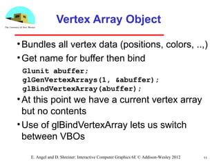 Vertex Array Object
•Bundles all vertex data (positions, colors, ..,)
•Get name for buffer then bind
•At this point we have a current vertex array
but no contents
•Use of glBindVertexArray lets us switch
between VBOs
11E. Angel and D. Shreiner: Interactive Computer Graphics 6E © Addison-Wesley 2012
Glunit abuffer;
glGenVertexArrays(1, &abuffer);
glBindVertexArray(abuffer);
 
