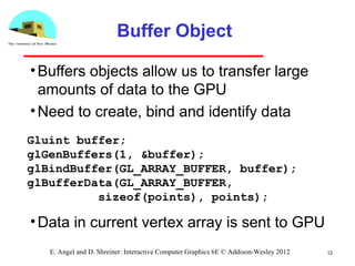 Buffer Object
•Buffers objects allow us to transfer large
amounts of data to the GPU
•Need to create, bind and identify data
•Data in current vertex array is sent to GPU
12E. Angel and D. Shreiner: Interactive Computer Graphics 6E © Addison-Wesley 2012
Gluint buffer;
glGenBuffers(1, &buffer);
glBindBuffer(GL_ARRAY_BUFFER, buffer);
glBufferData(GL_ARRAY_BUFFER,
sizeof(points), points);
 