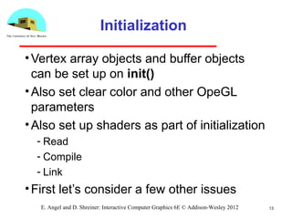 Initialization
•Vertex array objects and buffer objects
can be set up on init()
•Also set clear color and other OpeGL
parameters
•Also set up shaders as part of initialization
­ Read
­ Compile
­ Link
•First let’s consider a few other issues
13E. Angel and D. Shreiner: Interactive Computer Graphics 6E © Addison-Wesley 2012
 