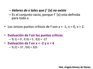 1
– Valores de x tales que f ´(x) no existe
– Es el conjunto vacío, porque f ´(x) esta definida
para todo x.
• Los únicos puntos críticos de f son x = -1, x = 0, x = 2.
• Evaluación de f en los puntos críticos
– f(-1) = 0 , f( 0) = 5 , f(2) = -27
• Evaluación de f en x = -2 y x = 4
– f(-2) = 37 , f(4) = 325
Mat. Angela Alvarez de Nieves
 