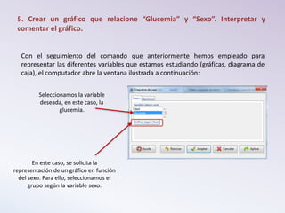 5. Crear un gráfico que relacione “Glucemia” y “Sexo”. Interpretar y
comentar el gráfico.
Con el seguimiento del comando que anteriormente hemos empleado para
representar las diferentes variables que estamos estudiando (gráficas, diagrama de
caja), el computador abre la ventana ilustrada a continuación:
Seleccionamos la variable
deseada, en este caso, la
glucemia.
En este caso, se solicita la
representación de un gráfico en función
del sexo. Para ello, seleccionamos el
grupo según la variable sexo.
 