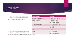 CULTIVO
 CULTIVO DE MEDIO SOLIDO
 OGAWA ACIDIFICADO
 CULTIVO DE MEDIO LIQUIDO
 MGIT: IDENTIFICAR DROGORESISTENTE
RESULTADO REPORTE
CONTAMINADO ALTERACION F/Q
NEGATIVO <60 DIAS DE
INCUVACION
# DE COLONIAS 1-19 COLONIAS
+ 20-100
++ >100
+++ COLONIAS
INCONTABLES
 