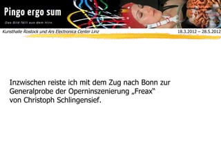 Kunsthalle Rostock und Ars Electronica Center Linz  18.3.2012 – 28.5.2012
Inzwischen reiste ich mit dem Zug nach Bonn zur
Generalprobe der Operninszenierung „Freax“
von Christoph Schlingensief.
 