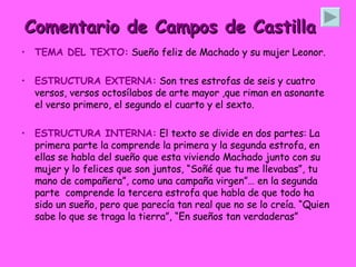 Comentario de Campos de Castilla TEMA DEL TEXTO:  Sueño feliz de Machado y su mujer Leonor. ESTRUCTURA EXTERNA:  Son tres estrofas de seis y cuatro versos, versos octosílabos de arte mayor ,que riman en asonante el verso primero, el segundo el cuarto y el sexto. ESTRUCTURA INTERNA:  El texto se divide en dos partes: La primera parte la comprende la primera y la segunda estrofa, en ellas se habla del sueño que esta viviendo Machado junto con su mujer y lo felices que son juntos, “Soñé que tu me llevabas”, tu mano de compañera”, como una campaña virgen”… en la segunda parte  comprende la tercera estrofa que habla de que todo ha sido un sueño, pero que parecía tan real que no se lo creía. “Quien sabe lo que se traga la tierra”, “En sueños tan verdaderas” 