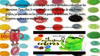 El objetivo principal del libro es que los niños aprendan a identificar las
emociones. Para ellos, lo más sencillo es identificarlas de una forma
gráfica, ya que están en los primeros pasos de la lectura. Por estarazón,
la autora apela a tres medios distintos
"https://www.youtube.com/embed/BWssq6Mraus
 