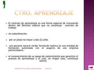  El contrato de aprendizaje es una forma especial de vinculación
dentro del Derecho Laboral que no constituye contrato de
trabajo
 sin subordinación.
 por un plazo no mayor a dos (2) años
 una persona natural recibe formación teórica en una entidad de
formación autorizada con el auspicio de una empresa
patrocinadora.
 el reconocimiento de un apoyo de sostenimiento que garantice el
proceso de aprendizaje y el cual, en ningún caso, constituye
salario.
19/06/2013INSTRUCTOR: Dra. ANGELA VIVIANA SANCHEZ
 