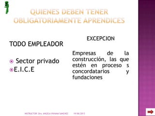 TODO EMPLEADOR
 Sector privado
E.I.C.E
EXCEPCION
Empresas de la
construcción, las que
estén en proceso s
concordatarios y
fundaciones
19/06/2013INSTRUCTOR: Dra. ANGELA VIVIANA SANCHEZ
 