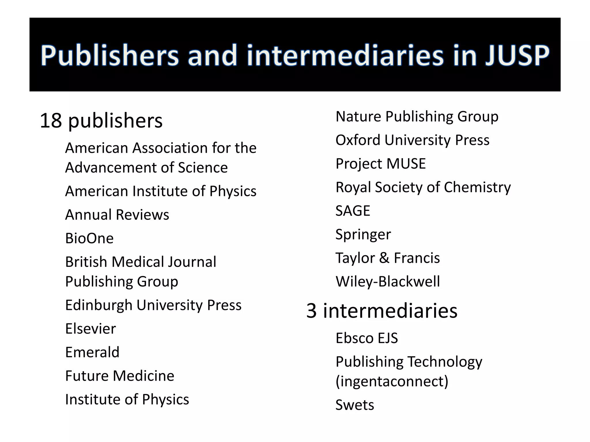 18 publishers                        Nature Publishing Group
  American Association for the       Oxford University Press
  Advancement of Science             Project MUSE
  American Institute of Physics      Royal Society of Chemistry
  Annual Reviews                     SAGE
  BioOne                             Springer
  British Medical Journal            Taylor & Francis
  Publishing Group                   Wiley-Blackwell
  Edinburgh University Press      3 intermediaries
  Elsevier
                                     Ebsco EJS
  Emerald
                                     Publishing Technology
  Future Medicine                    (ingentaconnect)
  Institute of Physics               Swets
 