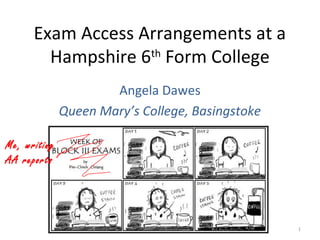 Exam Access Arrangements at a
        Hampshire 6th Form College
                      Angela Dawes
              Queen Mary’s College, Basingstoke

Me, writing
AA reports




                                                  1
 
