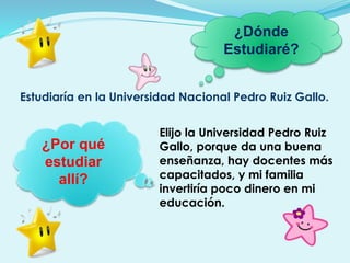 Estudiaría en la Universidad Nacional Pedro Ruiz Gallo.
¿Dónde
Estudiaré?
¿Por qué
estudiar
allí?
Elijo la Universidad Pedro Ruiz
Gallo, porque da una buena
enseñanza, hay docentes más
capacitados, y mi familia
invertiría poco dinero en mi
educación.
 