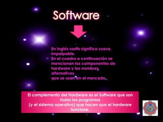 En inglés «soft» significa suave,
           impalpable.
           En el cuadro a continuación se
           mencionan los componentes de
           hardware y los nombres
           alternativos
           que se usan en el mercado.



El complemento del Hardware es el Software que son
                 todos los programas
 (y el sistema operativo) que hacen que el hardware
                       funcione.
 