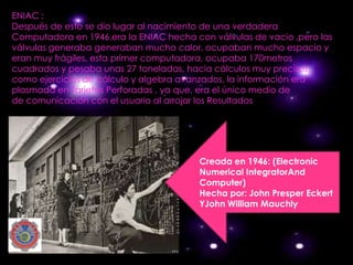 ENIAC :
Después de esto se dio lugar al nacimiento de una verdadera
Computadora en 1946.era la ENIAC hecha con válvulas de vacio ,pero las
válvulas generaba generaban mucho calor, ocupaban mucho espacio y
eran muy frágiles, esta primer computadora, ocupaba 170metros
cuadrados y pesaba unas 27 toneladas, hacia cálculos muy precisos,
como ejercicios de cálculo y algebra avanzados, la información era
plasmada en Tarjetas Perforadas , ya que, era el único medio de
de comunicación con el usuario al arrojar los Resultados




                                        Creada en 1946: (Electronic
                                        Numerical IntegratorAnd
                                        Computer)
                                        Hecha por: John Presper Eckert
                                        YJohn William Mauchly
 