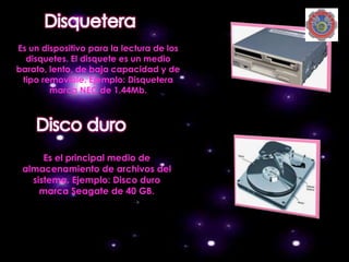 Es un dispositivo para la lectura de los
  disquetes. El disquete es un medio
barato, lento, de baja capacidad y de
 tipo removible. Ejemplo: Disquetera
        marca NEC de 1.44Mb.




      Es el principal medio de
 almacenamiento de archivos del
   sistema. Ejemplo: Disco duro
     marca Seagate de 40 GB.
 