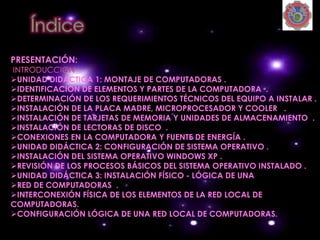 PRESENTACIÓN:

UNIDAD DIDÁCTICA 1: MONTAJE DE COMPUTADORAS .
IDENTIFICACIÓN DE ELEMENTOS Y PARTES DE LA COMPUTADORA .
DETERMINACIÓN DE LOS REQUERIMIENTOS TÉCNICOS DEL EQUIPO A INSTALAR .
INSTALACIÓN DE LA PLACA MADRE, MICROPROCESADOR Y COOLER .
INSTALACIÓN DE TARJETAS DE MEMORIA Y UNIDADES DE ALMACENAMIENTO .
INSTALACIÓN DE LECTORAS DE DISCO .
CONEXIONES EN LA COMPUTADORA Y FUENTE DE ENERGÍA .
UNIDAD DIDÁCTICA 2: CONFIGURACIÓN DE SISTEMA OPERATIVO .
INSTALACIÓN DEL SISTEMA OPERATIVO WINDOWS XP .
REVISIÓN DE LOS PROCESOS BÁSICOS DEL SISTEMA OPERATIVO INSTALADO .
UNIDAD DIDÁCTICA 3: INSTALACIÓN FÍSICO - LÓGICA DE UNA
RED DE COMPUTADORAS .
INTERCONEXIÓN FÍSICA DE LOS ELEMENTOS DE LA RED LOCAL DE
COMPUTADORAS.
CONFIGURACIÓN LÓGICA DE UNA RED LOCAL DE COMPUTADORAS.
 