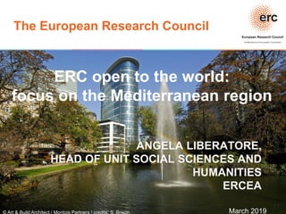Established by the European Commission
The European Research Council
© Art & Build Architect / Montois Partners / credits: S. Brison
ERC open to the world:
focus on the Mediterranean region
March 2019
ANGELA LIBERATORE,
HEAD OF UNIT SOCIAL SCIENCES AND
HUMANITIES
ERCEA
│ 1
 