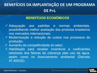 BENEFÍCIOS DA IMPLANTAÇÃO DE UM PROGRAMA
DE P+L
Angela Machado – 3 Systems
BENEFÍCIOS ECONÔMICOS
 Adequação aos padrões e normas ambientais,
possibilitando melhor aceitação dos produtos brasileiros
nos mercados internacionais;
 Modernização e redução de custos nos processos de
produção;
 Aumento da competitividade do setor;
 Habilitação para receber incentivos e coeficientes
redutores dos fatores da cobrança pelo uso da água,
assim como no licenciamento ambiental (Decreto
47.400/02).
 
