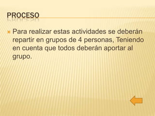 PROCESO


Para realizar estas actividades se deberán
repartir en grupos de 4 personas, Teniendo
en cuenta que todos deberán aportar al
grupo.

 