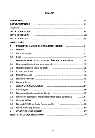 SUMARIO
MENSAGEM......................................................................................................... iii
AGRADECIMENTOS .......................................•............................................ iv
RESUMO ......................................................................................................... v
LISTA DE TABELAS
LISTA DE FIGURAS
.................................................................................... vii
.................................................................................... viii
LISTA DE SIGLAS ...............................................................................................ix
INTRODUCAO ...............................................................................................1
1 PRINCiPIOS DA RESPONSABILIDADE SOCIAL ............................... 3
1.1 Hist6rico ...............................................................................................3
1.2 Conscientizagao .................................................................................... 4
1.3 Etica ..........................................................................................................11
2 RESPONSABILIDADE SOCIAL NO AMBITO DA EMPRESA .......... 18
2.1 Responsabilidade Social lnternacional .....................................................33
2.2 Responsabilidade Social no Brasil .....................................................35
2.3 lndicadores Ethos .................................................................................... 38
2.4 Marketing Social .................................................................................... 43
2.5 Retorno Financeiro .................................................................................... 48
2.6 Balango Social .................................................................................... 52
3 AVANCOS E CONQUISTAS ............................................................... 54
3.1 Certificagoes ...............................................................................................56
3.2 Responsabilidade social e ambiental .....................................................57
3.3 Empresa e sociedade: a responsabilidade social corporativa .......... 61
3.4 Norma M 1000 .................................................................................... 63
3.5 Norma SA 8000 ou Social Accountability ..........................................63
3.6 Global Reporting Initiative ..........................................................................65
4 CONSIDERACOES FINAlS ............................................................... 67
REFERENCIAS BIBLIOGRAFICAS ............................................................... 70
vi
 