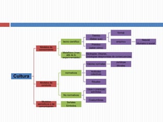 Cultura
Modelos de
conocimiento
tecno científico
Teórico
(Saber que)
formal
empírico
Natural
Humano o socialPráctico
(saber cómo)
Metafísico (mas
allá de lo
experimentable)
Ideologías, Utopías,
Ontologías desprovistas de consecuencias
Modelos de
conducta
normativos
Valores normales
Jurídicas
Morales
Actitudes
colectivas
Rituales
No normativos
Usos o prácticas
admitidas
Costumbres
Modelos
semióticos o de
comunicación
Señales
Símbolos
 