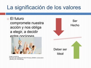 La significación de los valores
 El futuro
compromete nuestra
acción y nos obliga
a elegir, a decidir
entre opciones.
Ser
Hecho
Deber ser
Ideal
Imagen tomada de:
http://www.abc.es/Media/201402/14/Fotolia_50098231_Subscription
_Monthly_XXL--644x362.jpg
 