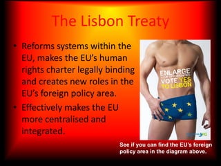 The Lisbon TreatyReforms systems within the EU, makes the EU’s human rights charter legally binding and creates new roles in the EU’s foreign policy area.Effectively makes the EU more centralised and integrated.See if you can find the EU’s foreign policy area in the diagram above.